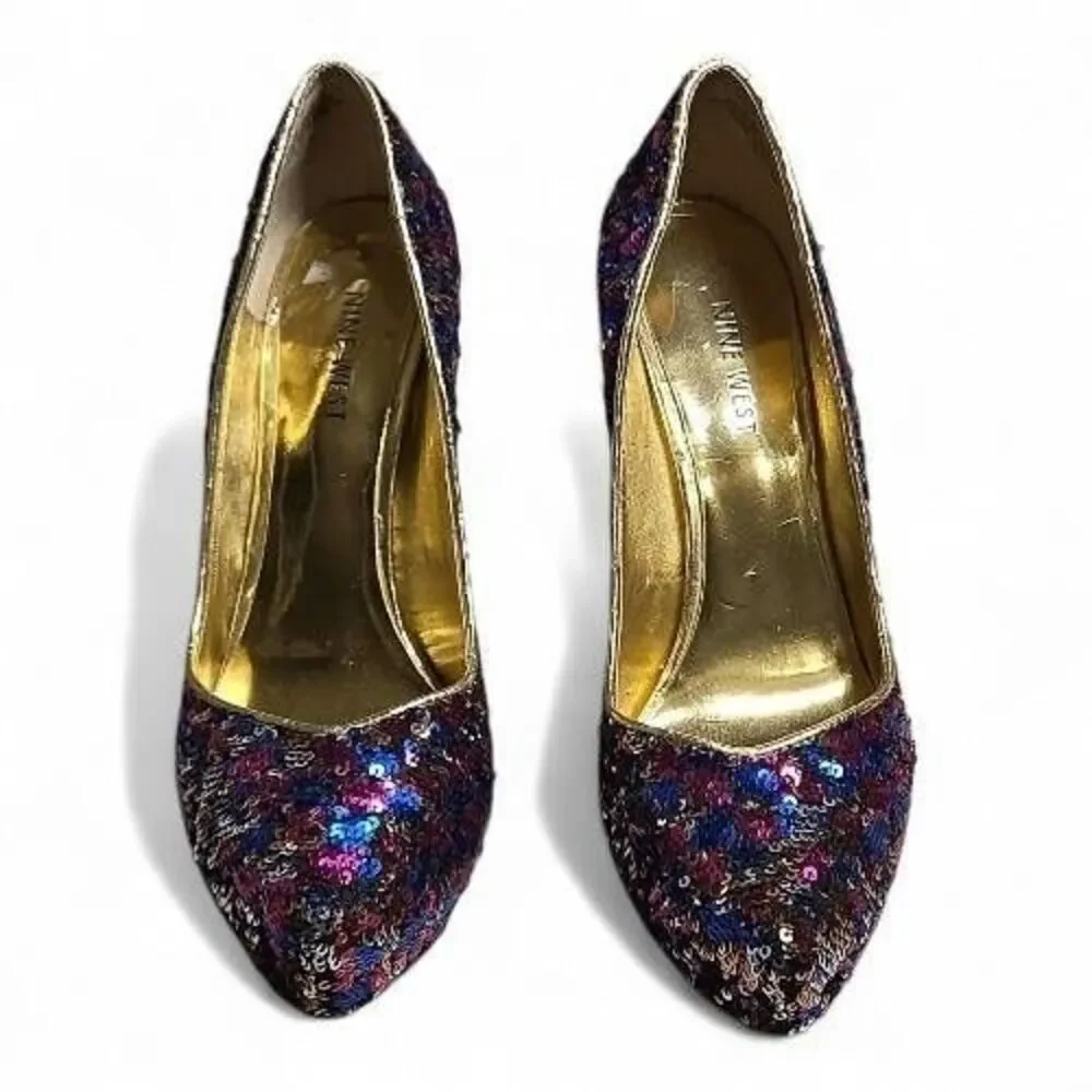 Nine West Cress Multi-Color Sequin Platform Pumps | Glam Party Heels | Size 6.5